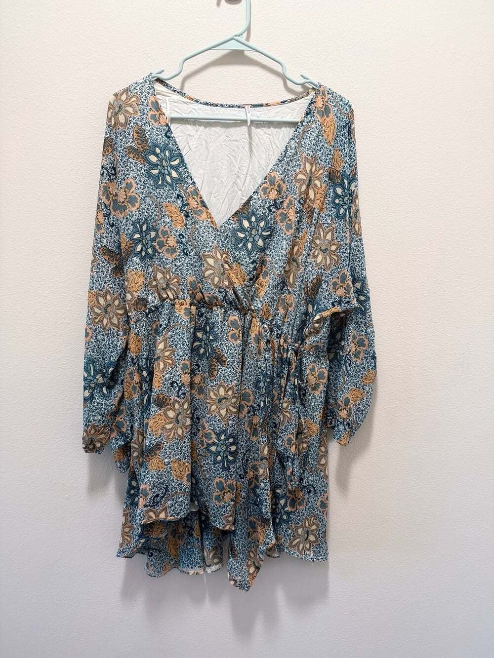 Free People Teegan Floral Long Sleeve Mini Dress Sky Combo
